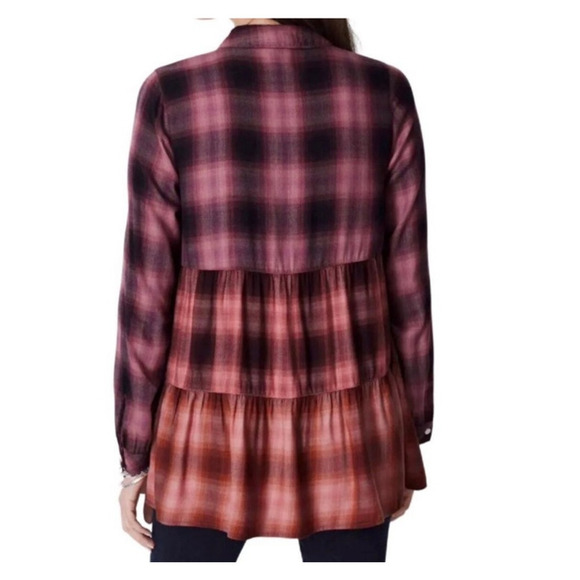 J Jill Ombre Plaid Flannel Tunic Tiered Size 3X Button Down Shirt Mauve Pink - Picture 2 of 13